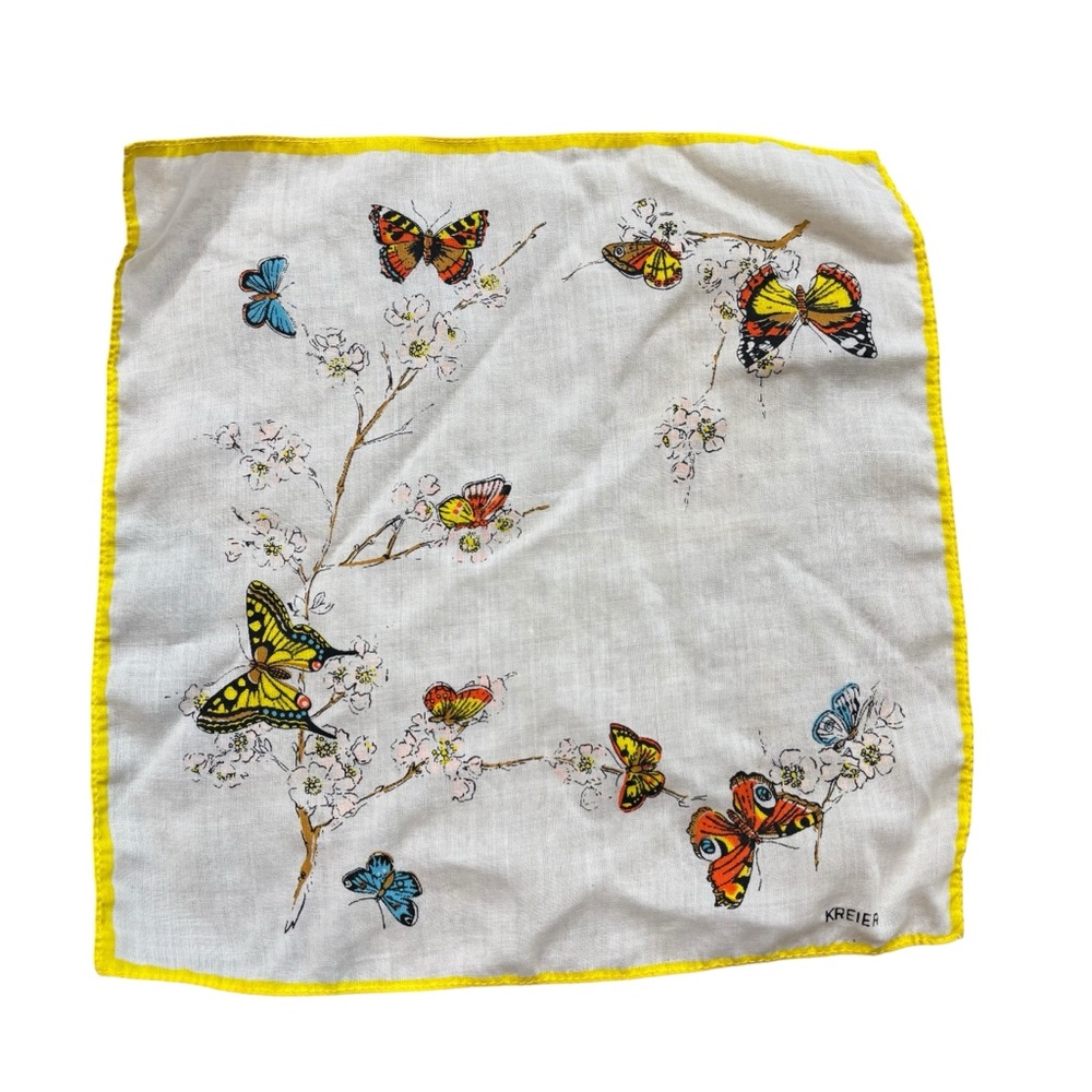 Vintage Kreier Brand White Butterfly Handkerchief‎